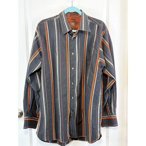 Ike Behar Mens XL Button Down Shirt Grey Orange Striped Long Sleeve Western